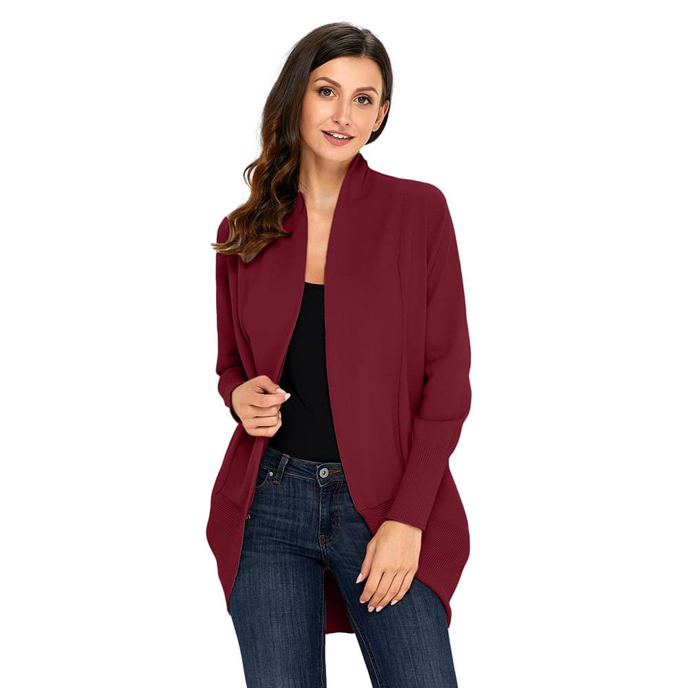 Cardigã feminino de cor sólida, em imitação de algodão, comprimento médio e mangas compridas. 2
