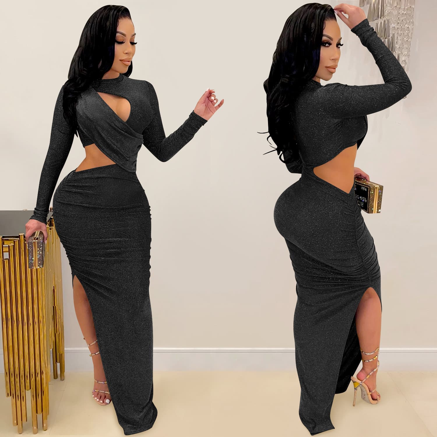 Vestido feminino de manga comprida com fenda vazada 4