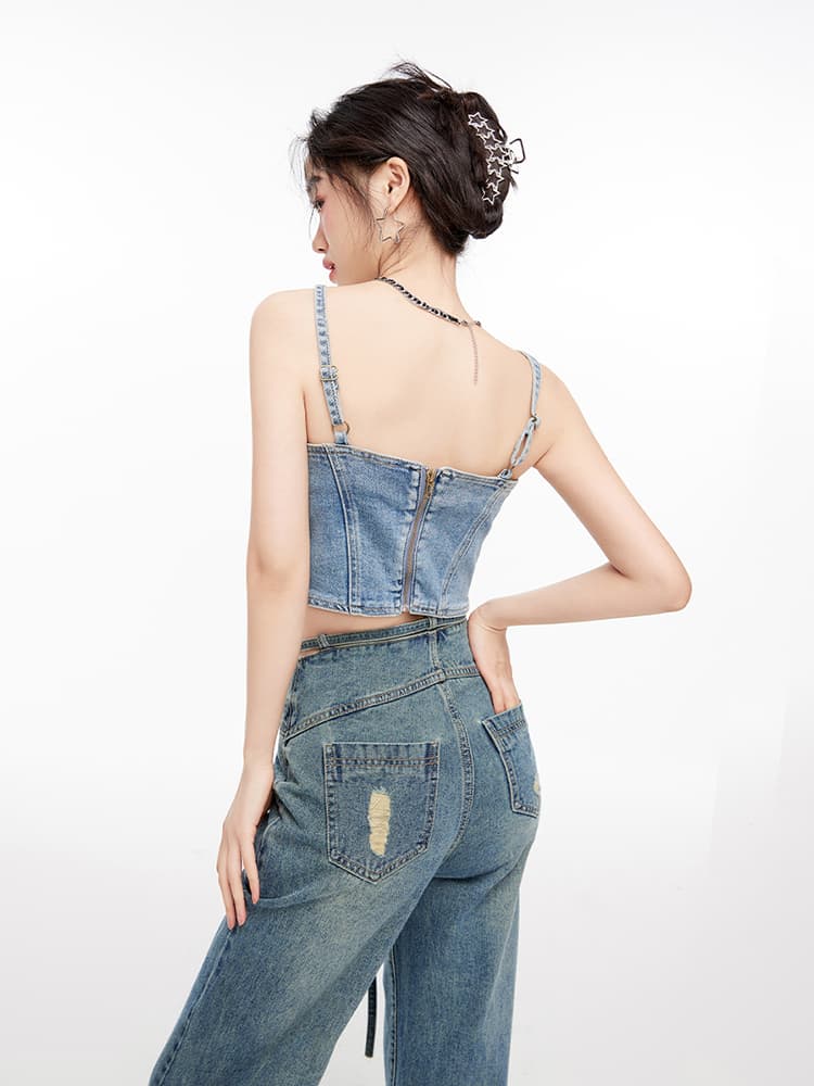 Colete jeans curto feminino com alças finas 3
