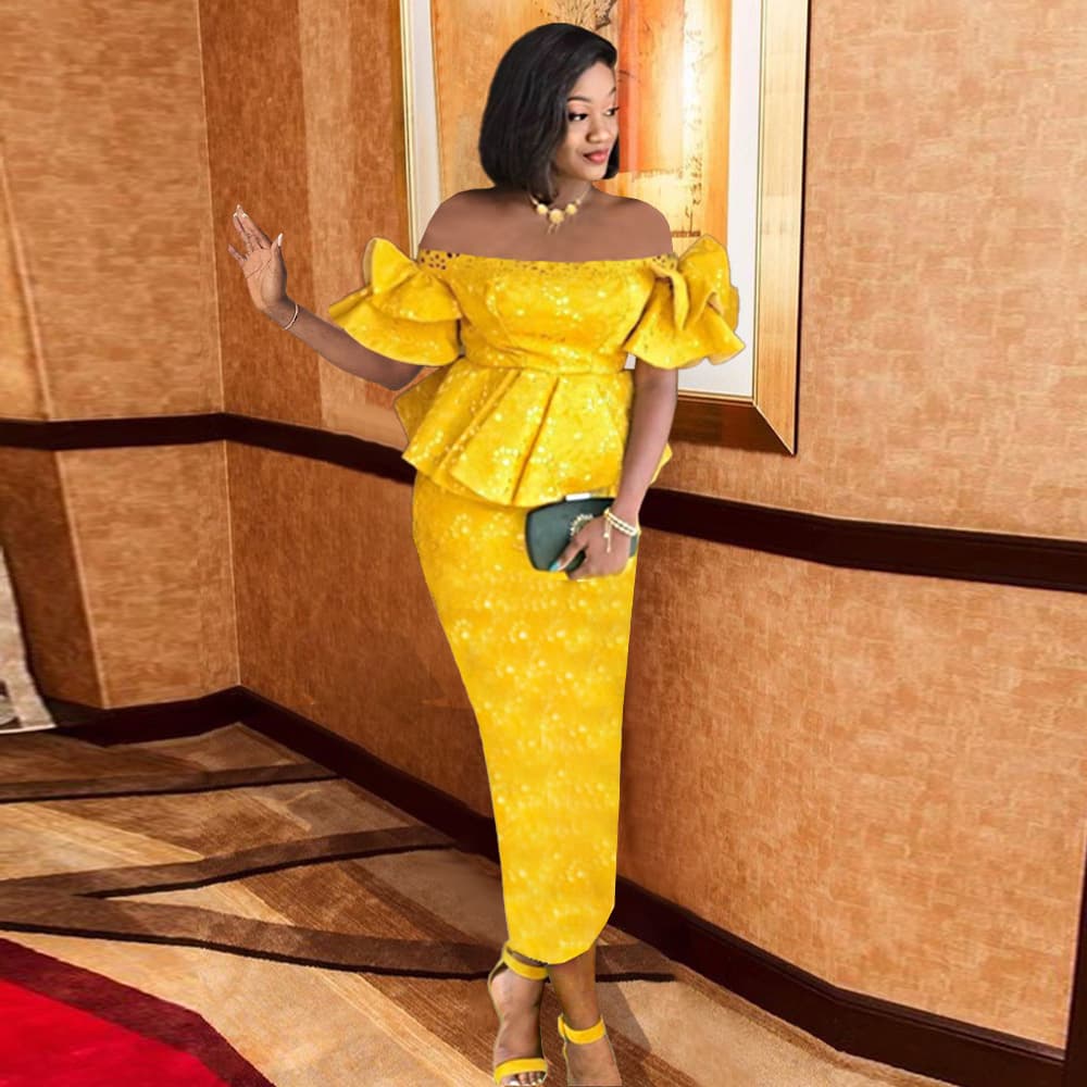 Vestido de um ombro só com babados, estilo de celebridade feminina