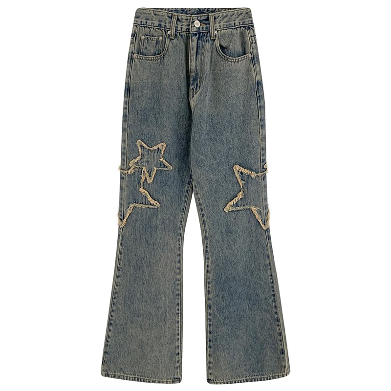 Calça jeans reta drapeada de cintura alta para a primavera, com leve boca de sino.
