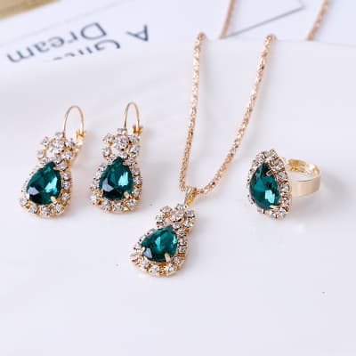 Water Drop Rhinestone Colar Earrings Anel Conjunto