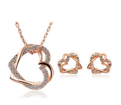 Yiwu Moda Joias Factory Joias Customized Double Diamond Heart Colar Brinco Conjunto