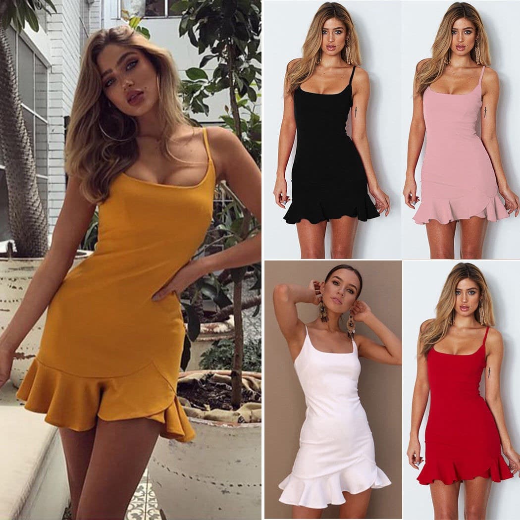 Novo vestido trompete com babados, sem mangas, alças finas, justo, para o verão, ideal para festas. Vestido curto.