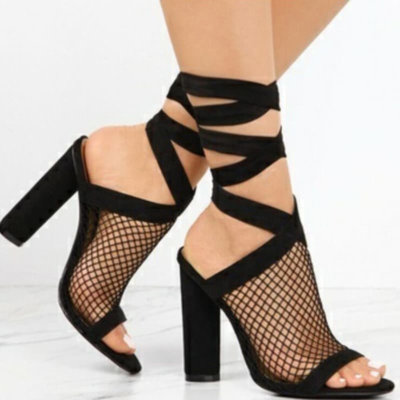 Feminino Sandals Bandage Flock Cross AlçA Renda Up High Heels SandáLia