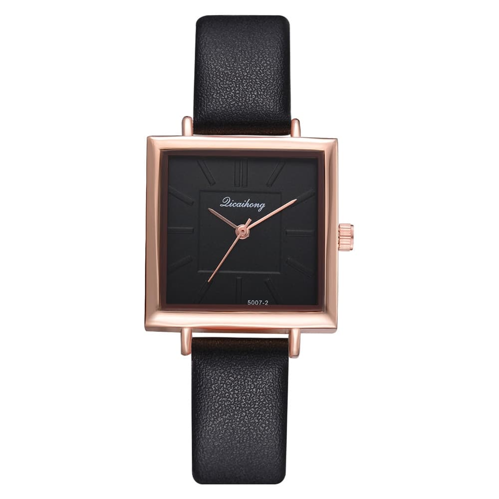 Relógio de pulso feminino quadrado com pulseira de couro e cristais, relógio de quartzo para mulheres elegantes. 7