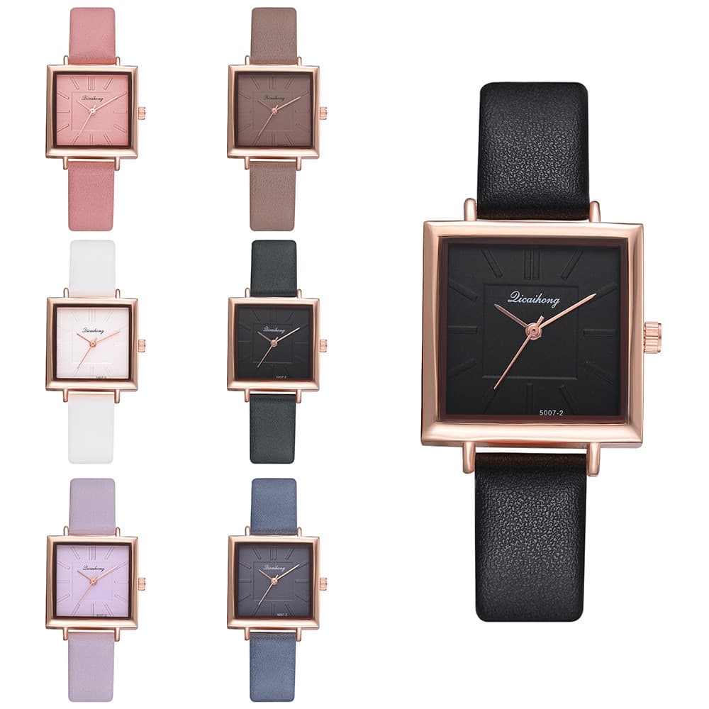 Relógio de pulso feminino quadrado com pulseira de couro e cristais, relógio de quartzo para mulheres elegantes. 5