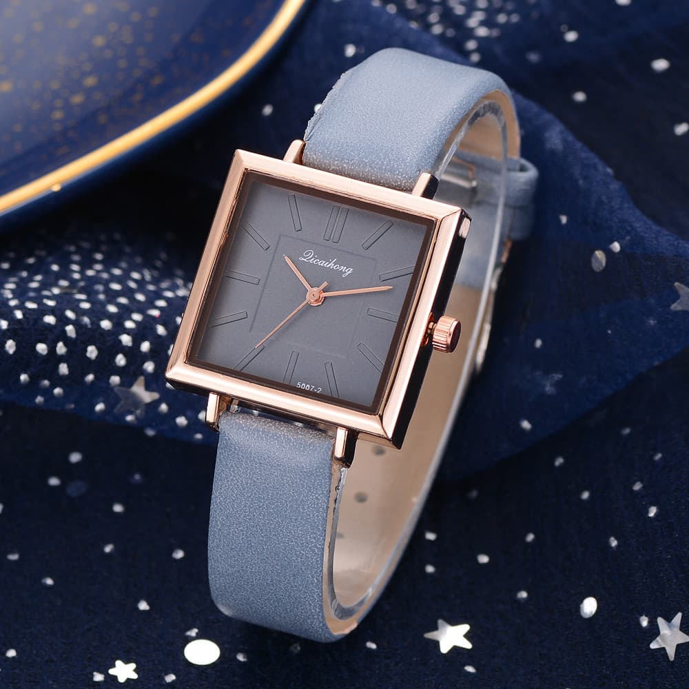 Relógio de pulso feminino quadrado com pulseira de couro e cristais, relógio de quartzo para mulheres elegantes. 9