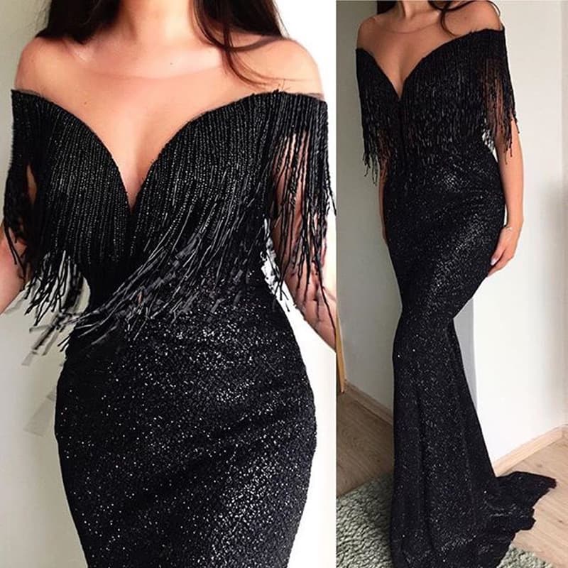 Vestido longo justo sem mangas com lantejoulas pretas e decote em V, modelo Explosion.