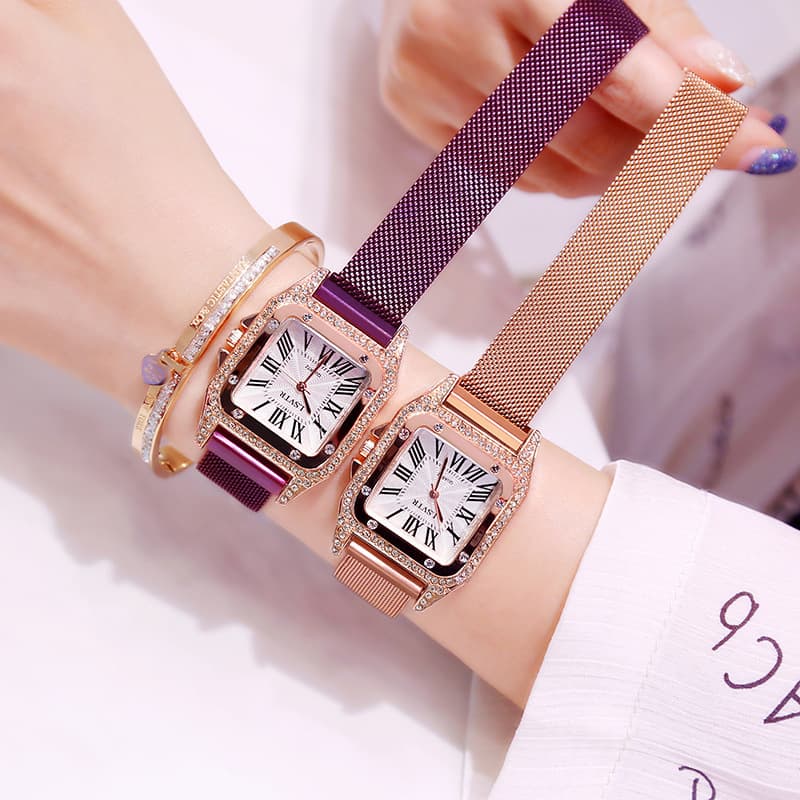 Relógio feminino quadrado com strass