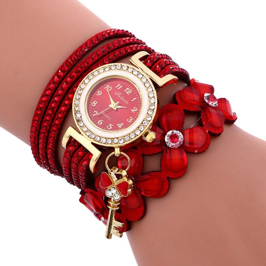 Relógio feminino de corda manual com diamantes em liga metálica e pulseira de veludo coreana, com quatro flores