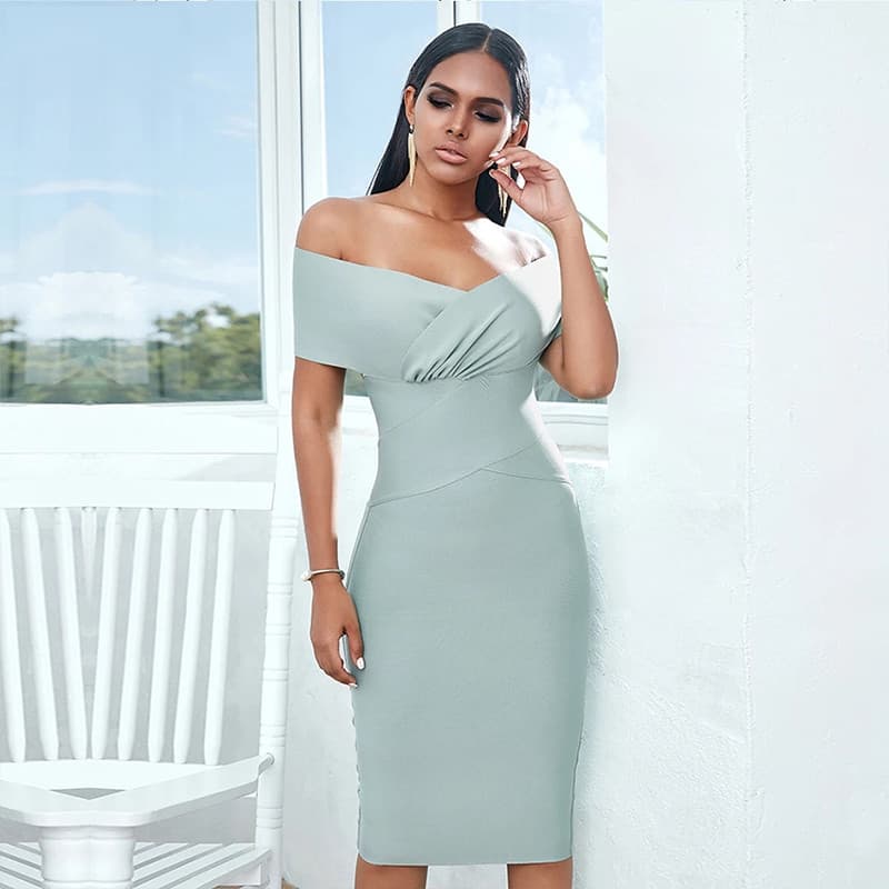 Vestido bandage feminino midi ombro a ombro para festa em balada 3