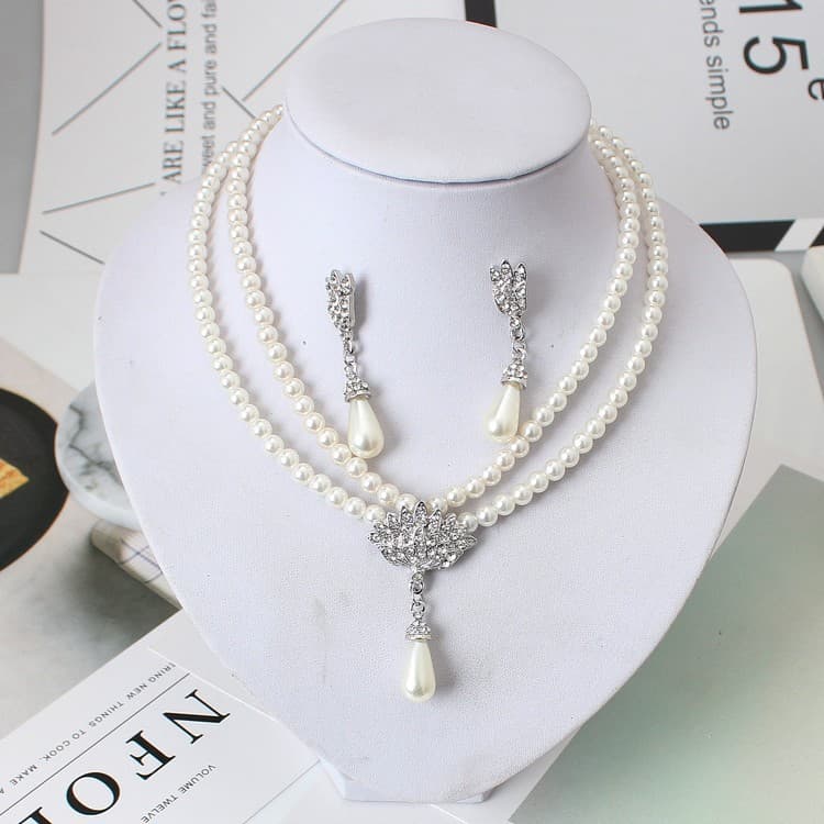 European And American Joias Bride Pearl Crystal With Shorts Collarbone Neck Colar Conjunto Earrings Korean Version Temperament