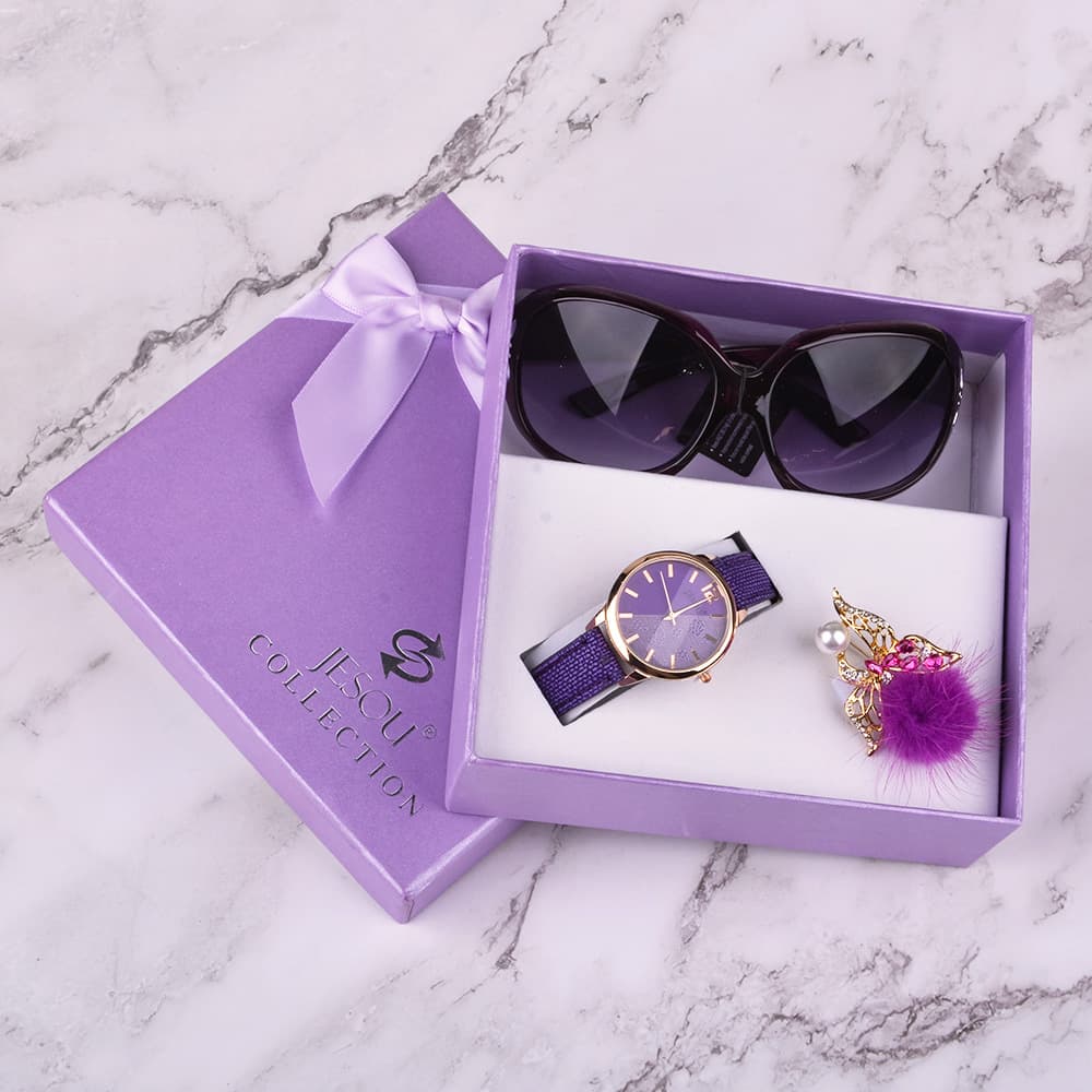 Conjunto de 3 peças: Relógio de pulso feminino em couro com mecanismo de quartzo, óculos de sol e corsage. Ideal para pr 5