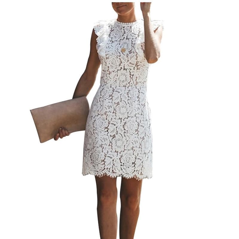 Vestido De Renda Com Decote Redondo, Sem Mangas