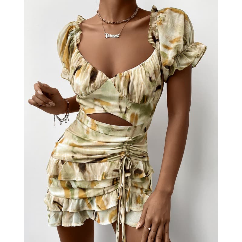 Vestido feminino de verão com mangas bufantes e cordão na cintura. 2