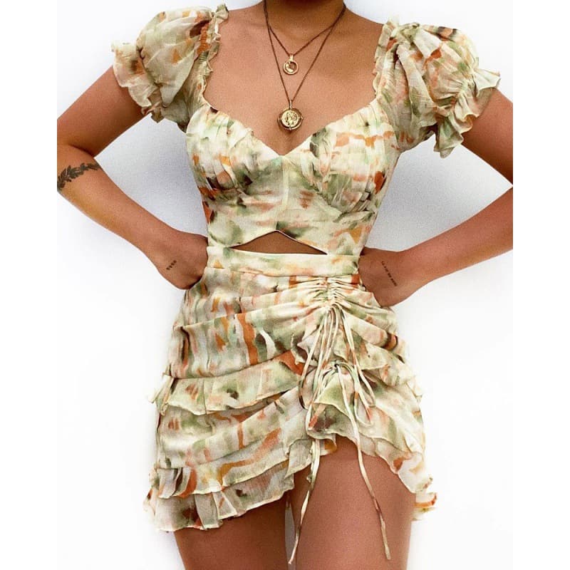 Vestido feminino de verão com mangas bufantes e cordão na cintura. 3