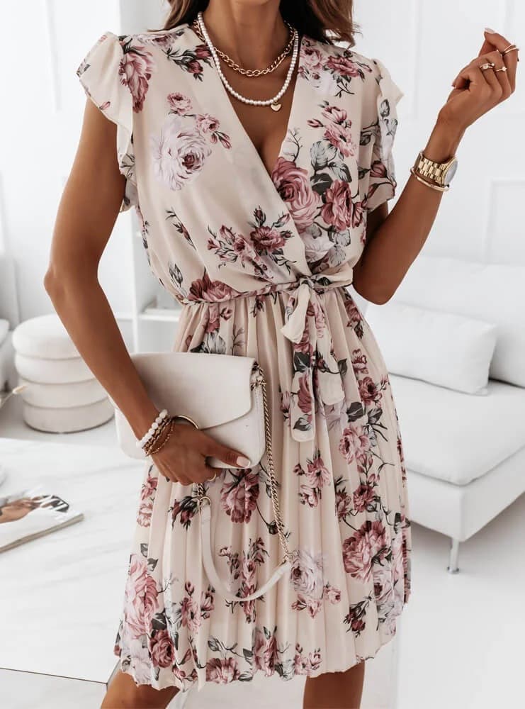 Vestido plissado floral de verão com cintura marcada para mulheres 4