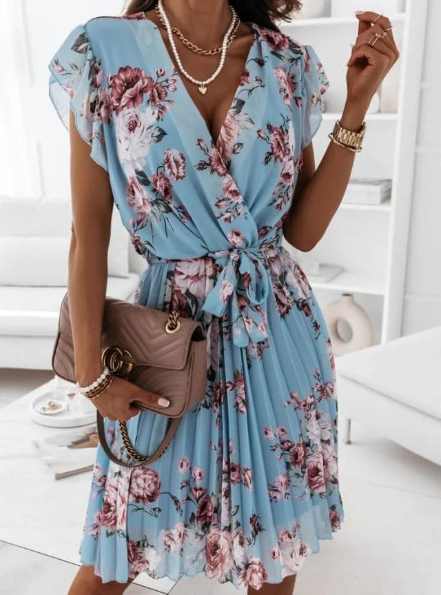 Vestido plissado floral de verão com cintura marcada para mulheres 2