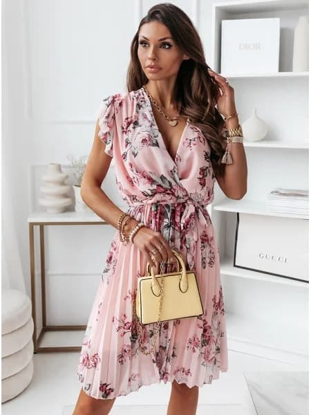 Vestido plissado floral de verão com cintura marcada para mulheres 5