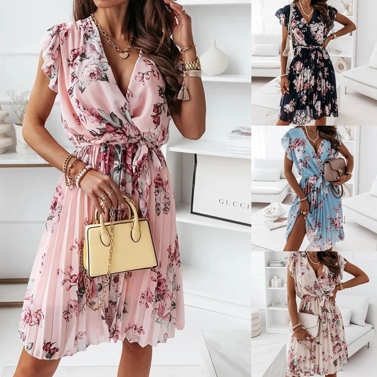 Vestido plissado floral de verão com cintura marcada para mulheres 3