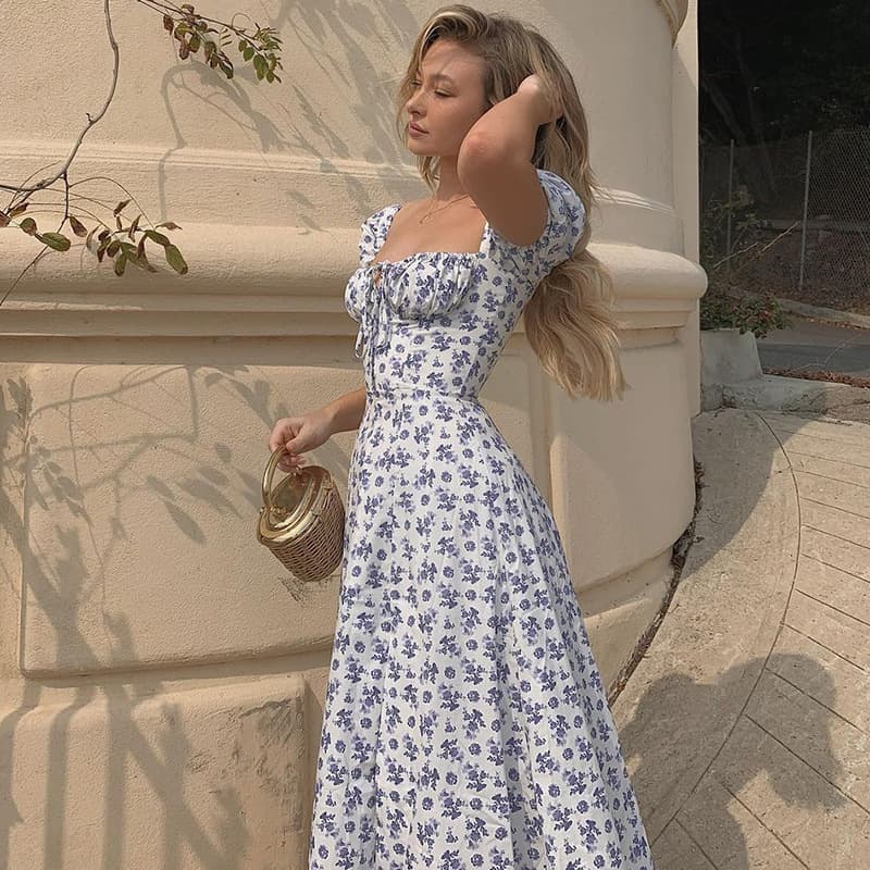 Vestido longo feminino de verão com estampa floral, sexy e para festas, com mangas curtas bufantes. 10
