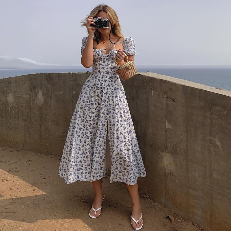 Vestido longo feminino de verão com estampa floral, sexy e para festas, com mangas curtas bufantes. 7