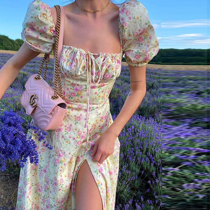 Vestido longo feminino de verão com estampa floral, sexy e para festas, com mangas curtas bufantes. 4