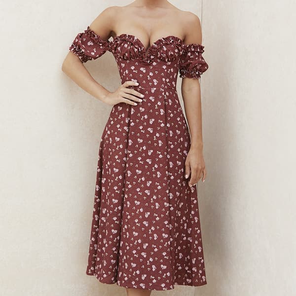 Vestido longo feminino de verão com estampa floral, sexy e para festas, com mangas curtas bufantes. 3