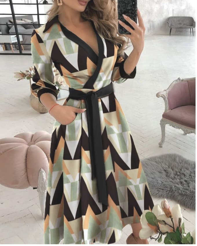 Vestido de verão com estampa geométrica e cinto para mulheres 9