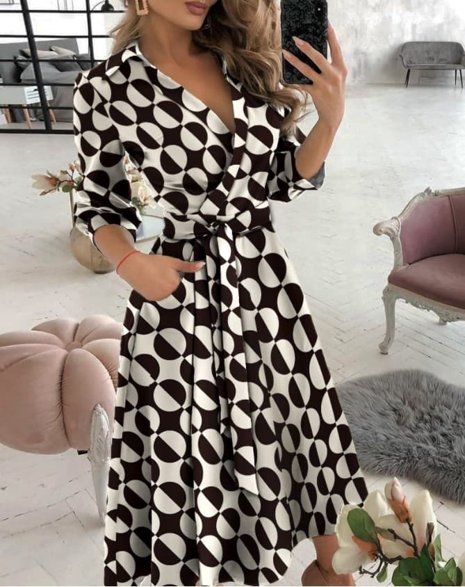 Vestido de verão com estampa geométrica e cinto para mulheres 5