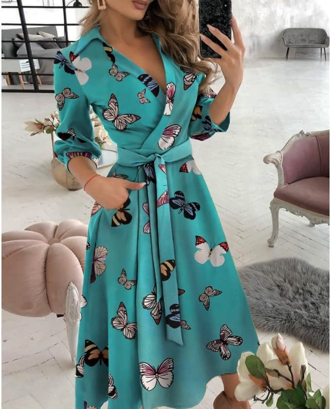 Vestido de verão com estampa geométrica e cinto para mulheres 8