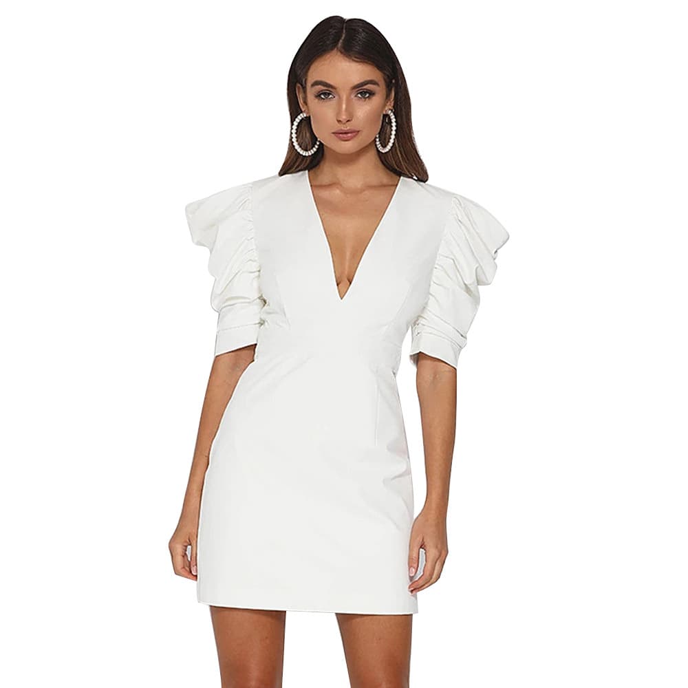Vestido elegante de festa feminino, modelo tubinho, com decote em V profundo. 5