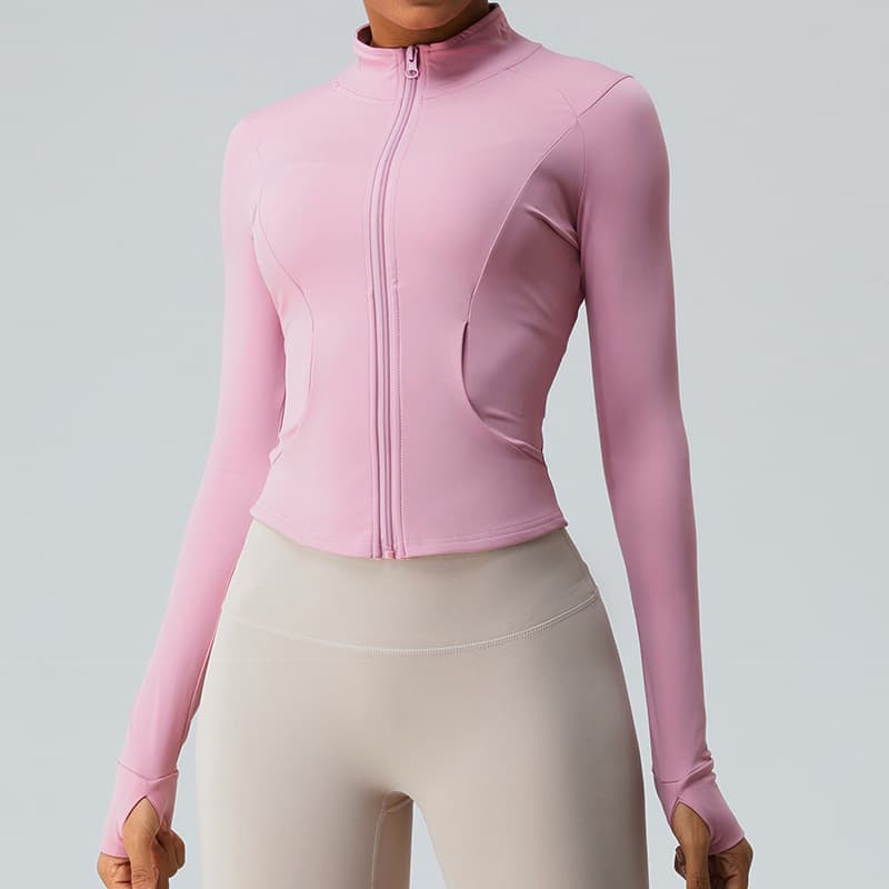 Jaqueta esportiva feminina de manga comprida com modelagem slim fit e secagem rápida. 12