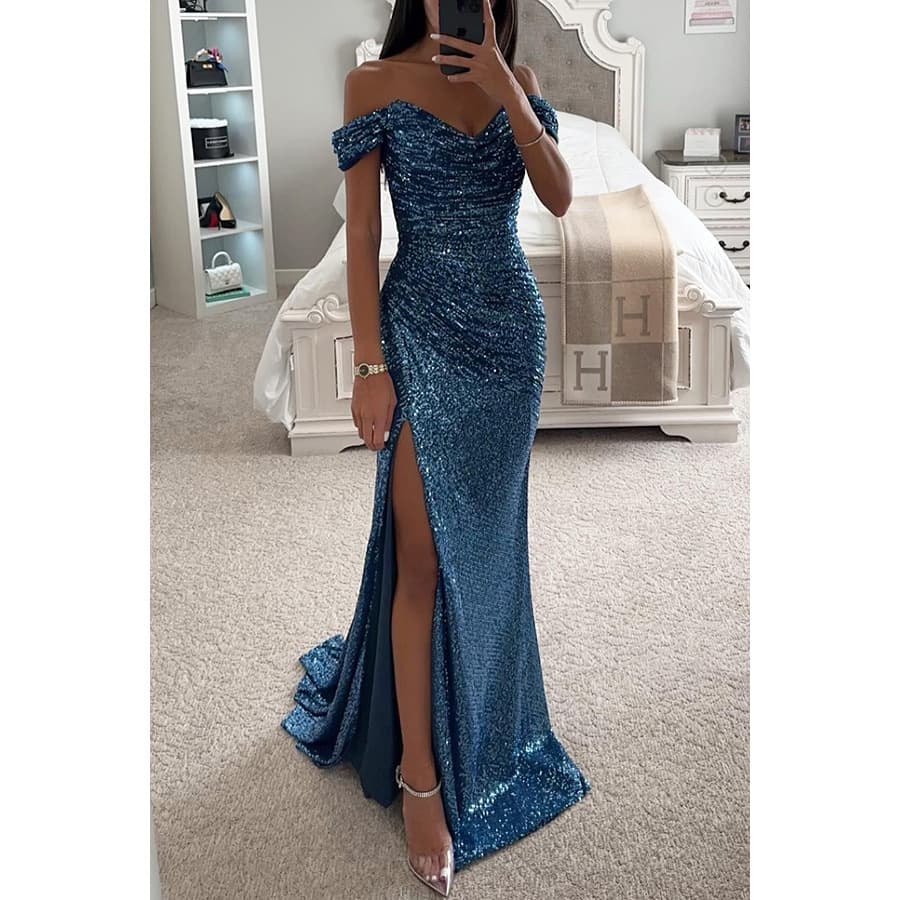 Vestido de festa com lantejoulas, decote ombro a ombro e fenda, modelo casual e elegante 2