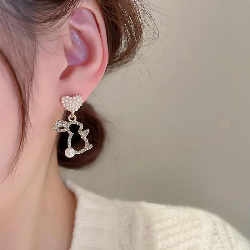 Brincos de coelho com pérolas para mulheres, brincos de alfinete prateados. 3