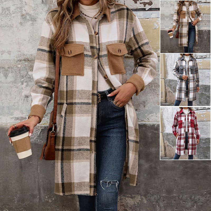 Casaco Plaid Longo com Pockets