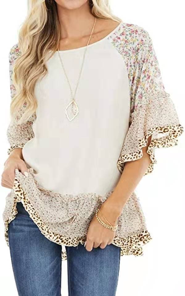 Camiseta Feminina Com Mangas Bufantes E Estampa Floral De Leopardo Em Blocos De Cores.
