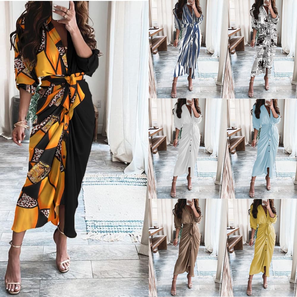 Vestido Longo Feminino De Manga Comprida Com Decote Em V 7