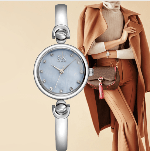 Relógio de pulso feminino de luxo com strass, em aço e quartzo, da marca SK Top Luxury Brand, ideal para ocasiões formai