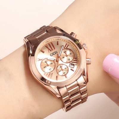 Relógio feminino casual de luxo em cor ouro rosa