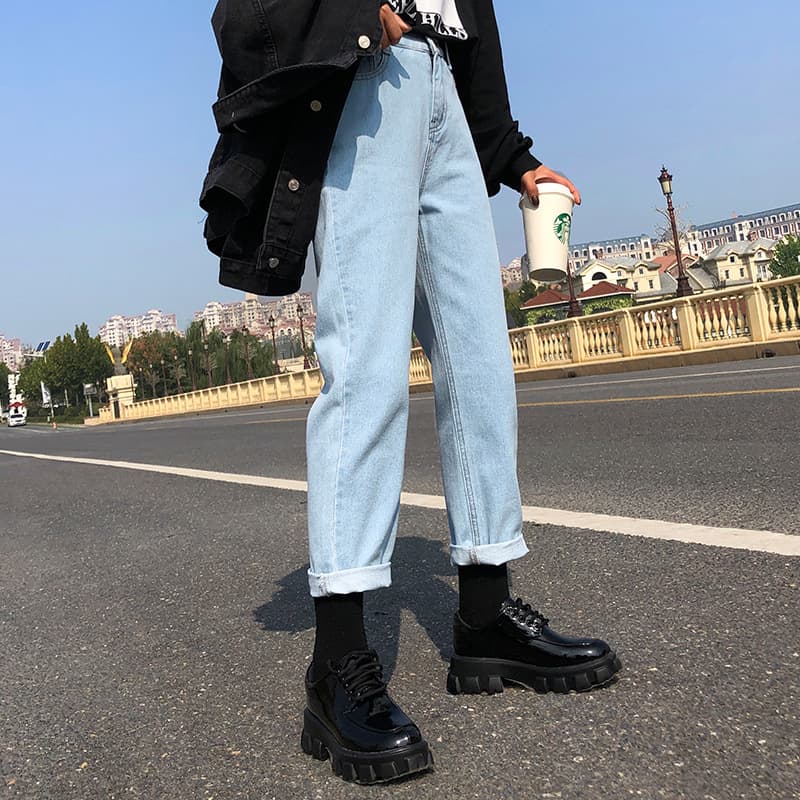 Calças jeans femininas de perna larga 5