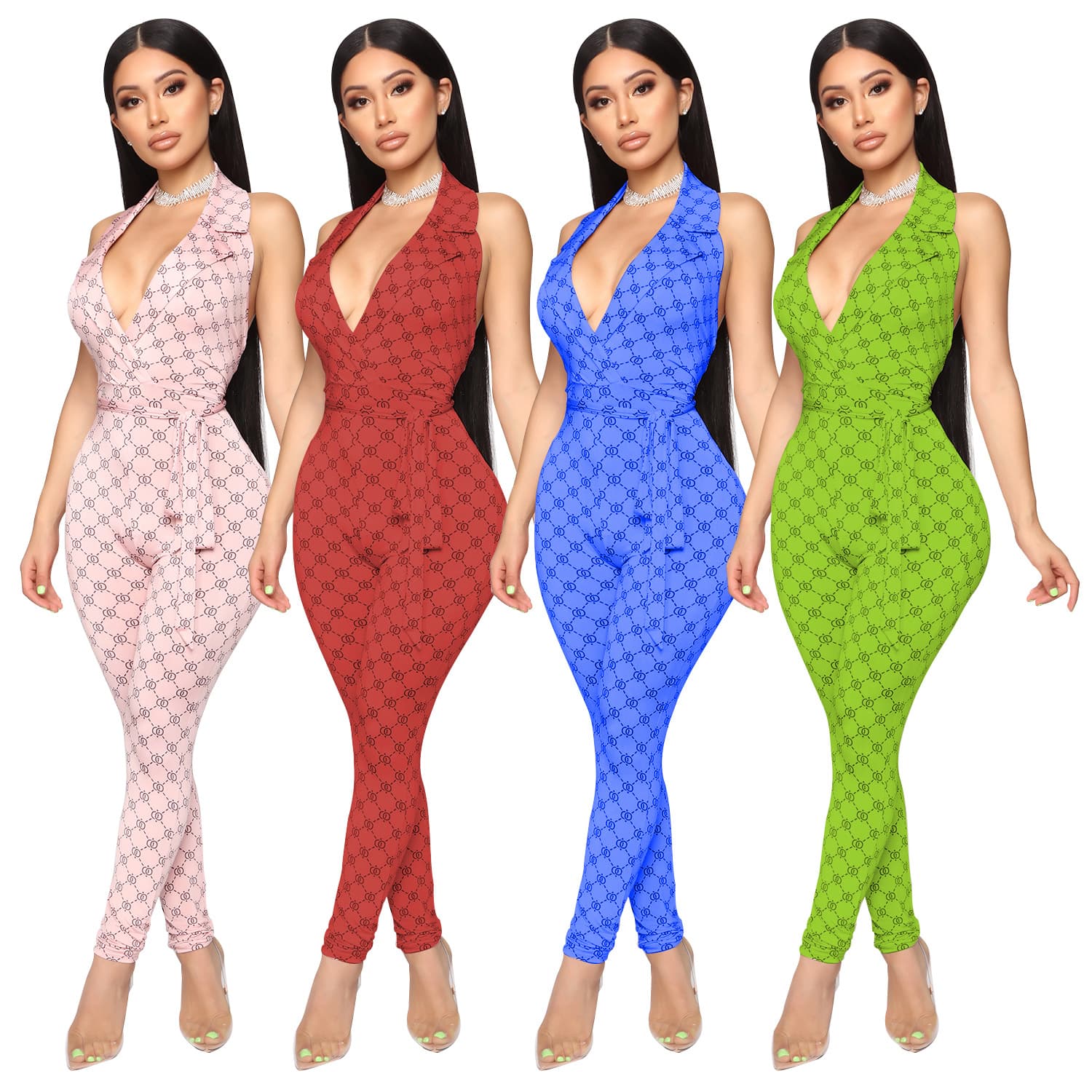 Macacão feminino estampado e sexy com decote halter 6