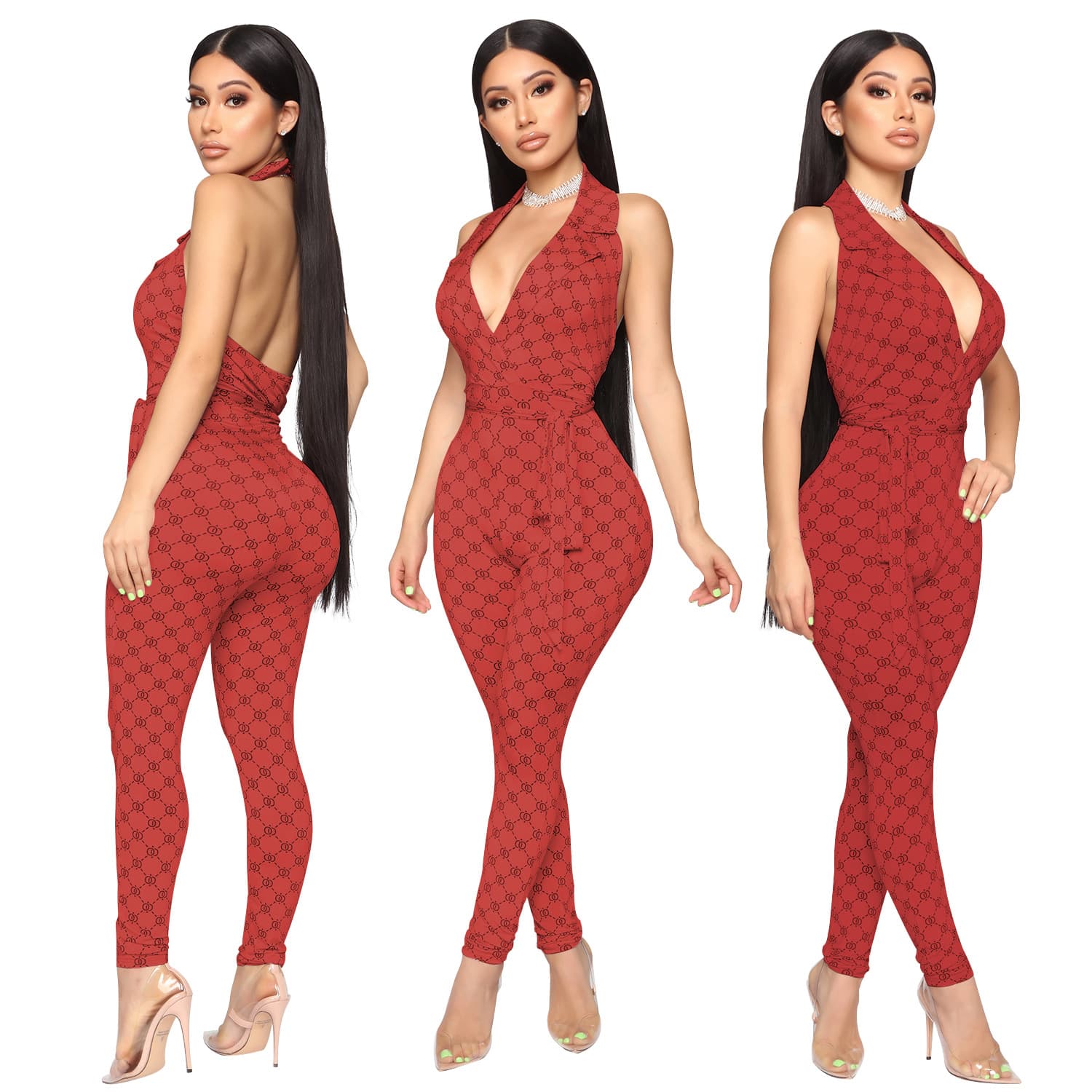 Macacão feminino estampado e sexy com decote halter 2