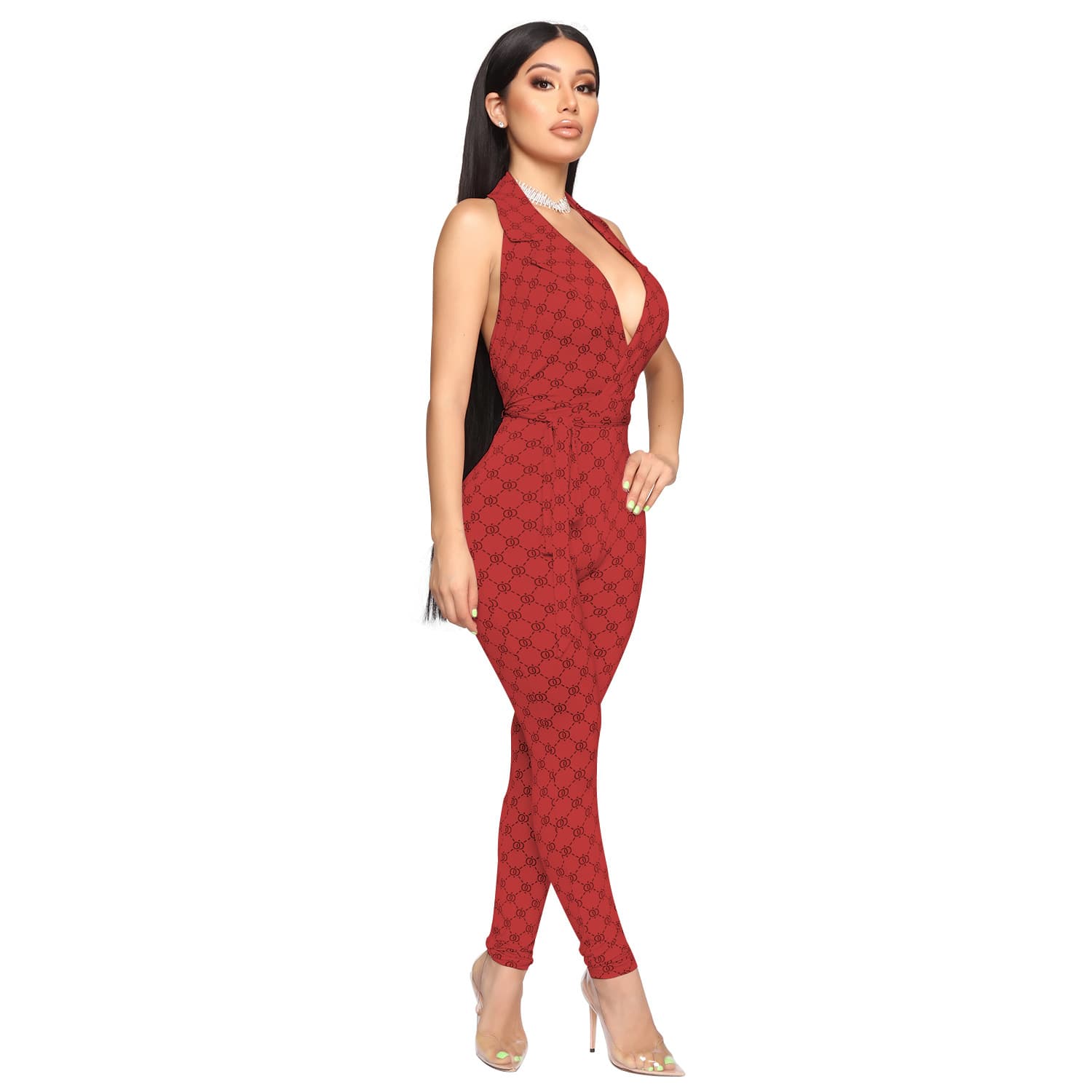 Macacão feminino estampado e sexy com decote halter