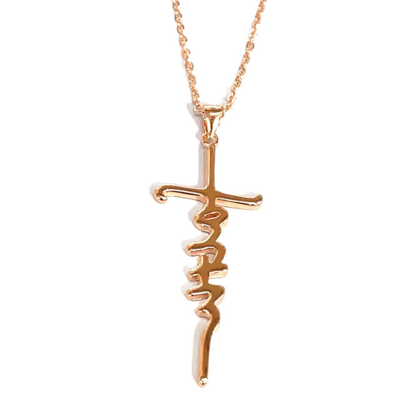 Colar feminino com pingente de cruz com letras entrelaçadas 5