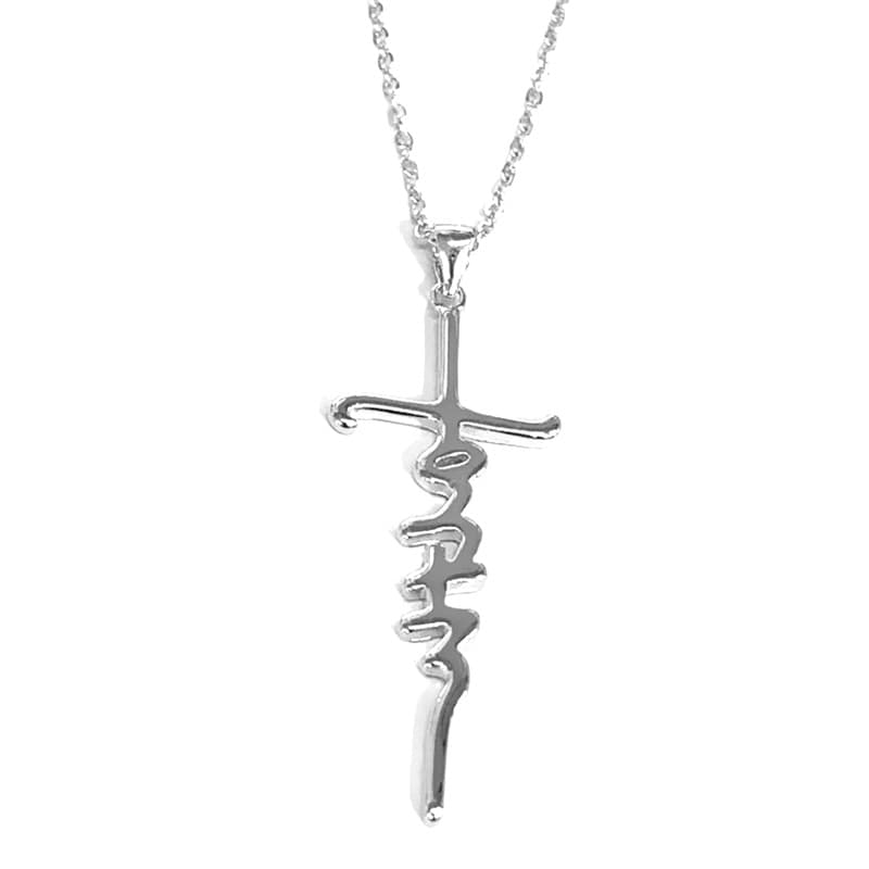 Colar feminino com pingente de cruz com letras entrelaçadas