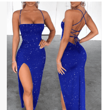 Vestido longo feminino de festa com fenda alta e costas nuas, cor sólida, alças finas, bandagem e fenda. 3