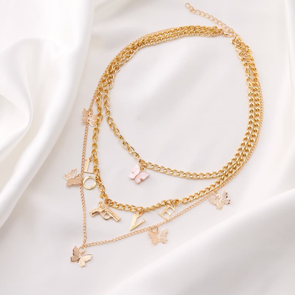 Conjunto de colar feminino com pingente de borboleta em várias camadas. 2
