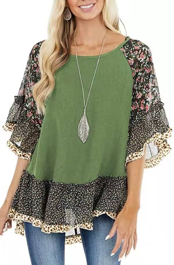 Camiseta Feminina Com Mangas Bufantes E Estampa Floral De Leopardo Em Blocos De Cores. 6